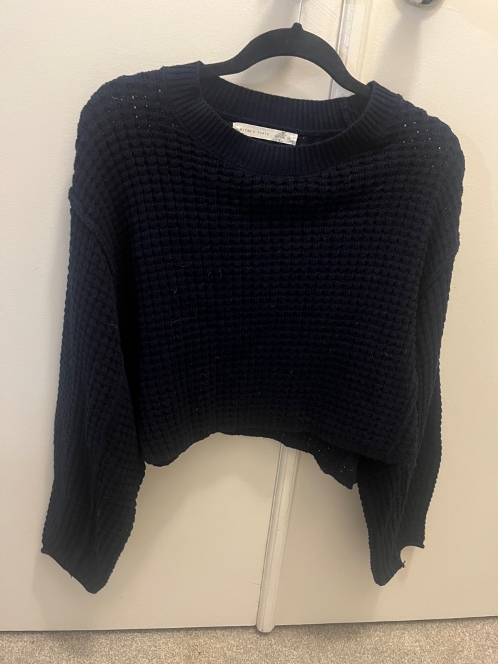 Navy Waffle-Knit Cropped Sweater